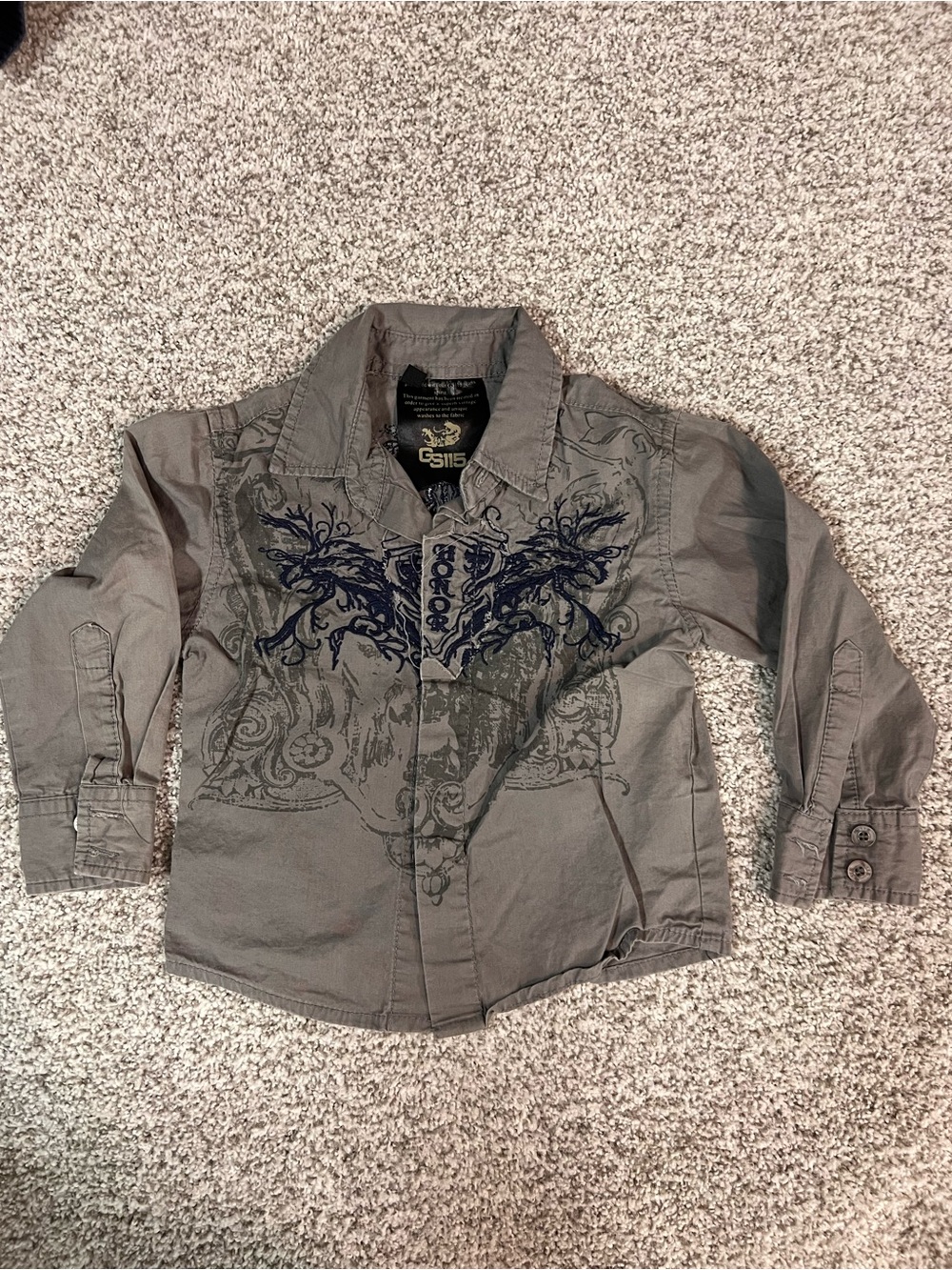 Boys Gray Button-Down Shirt with Graphic Detail